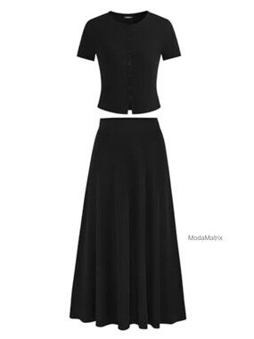 Ribbed Knit 2 Piece Skirt Set Crop Top Maxi Skirt Summer Outfit